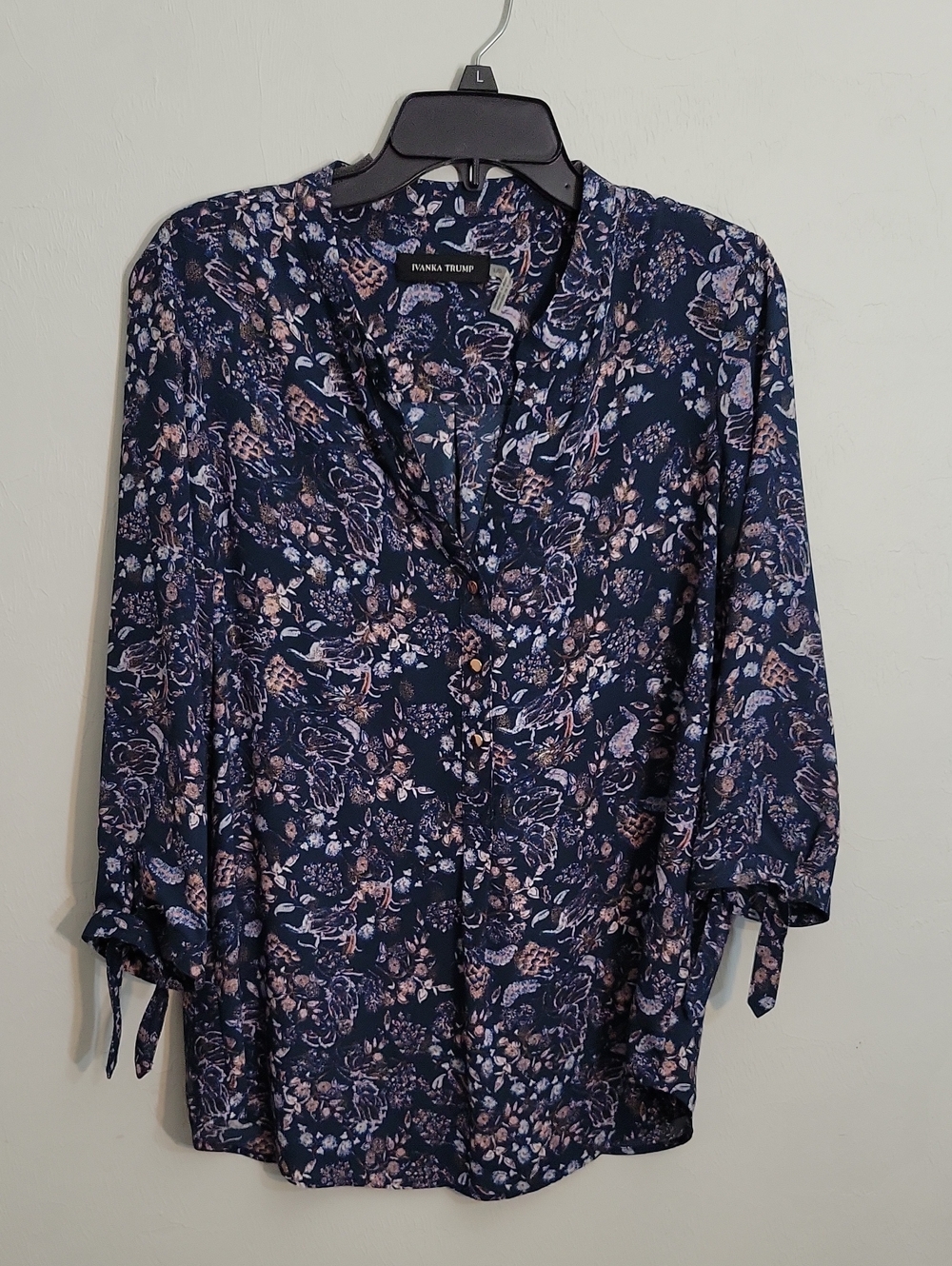 Ivanka Trump Navy Floral Tie-Sleeve Top